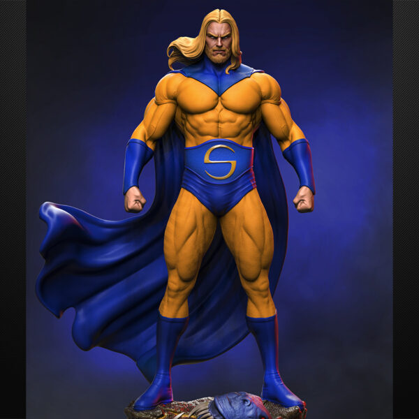 Sentry 1/6 scale resin figure printed by HLI3DFX, sculpted by Stalyn Quito, standing in a heroic pose on a display base with a defeated creature below