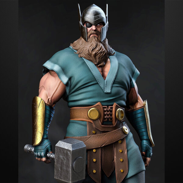 Odin 1/6 scale resin figure printed by HLI3DFX, sculpted by Stalyn Quito, standing on a rocky display base with a defeated giant head beneath his feet