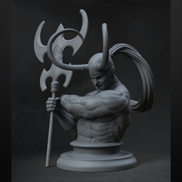 Loki 1/6 scale resin figure printed by HLI3DFX, sculpted by Stalyn Quito, wearing a horned helmet and holding a long staff in a classic villain stance on a round display base