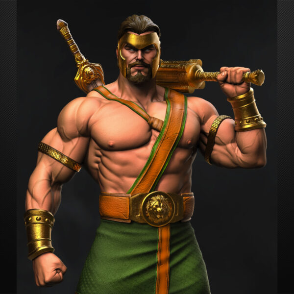Hercules 1/6 scale resin figure printed by HLI3DFX, sculpted by Stalyn Quito, standing on a round stone display base with club weapon and heroic armor details
