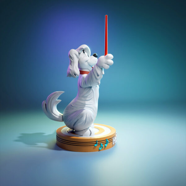 Hot Dog resin figure printed by HLI3DFX, sculpted by UEL Winner, featuring a cartoon dog holding a baton on a round display base with Hot Dog nameplate