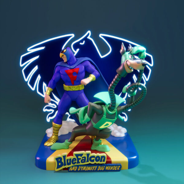 Blue Falcon and Dynomutt Dog Wonder resin print vignette with logo base and glowing backdrop, includes extra Dynomutt head and arms (UEL Winner)