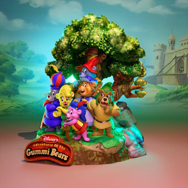 Gummi Bears resin 3D print diorama group scene with tree backdrop and logo sign, 13.5 inches tall (UEL Winner).