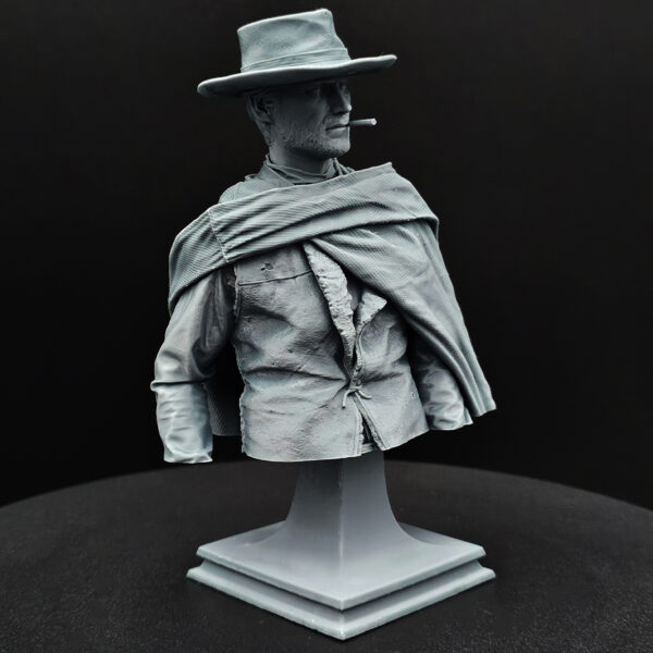 Blondie “The Good” 1/9 scale resin bust kit by Kuton Sculpts, produced by HLI3DFX, unpainted and unassembled with base, poncho, jacket, head, and hat.