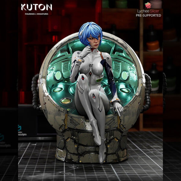 Rei Ayanami 1/10 scale resin print by Kuton Sculpts, seated figure with sci-fi pod base.