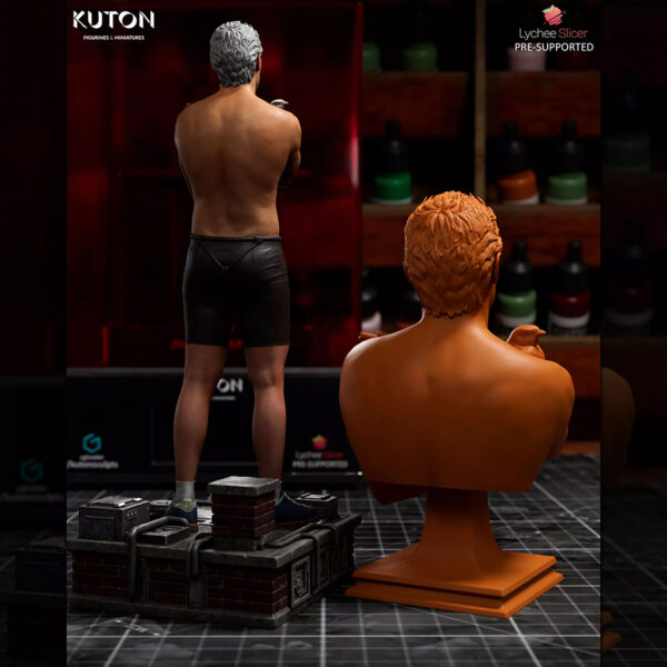 Roy Batty resin print by Kuton Sculpts with 1/10 scale figure option and 1/9 scale bust option shown on a sci-fi display base