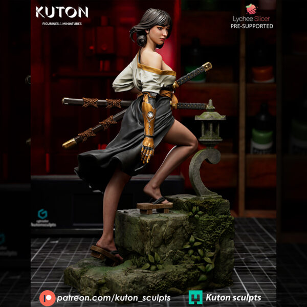 Kira Mekai resin print by Kuton Sculpts with sword, flowing outfit details, and a scenic lantern-style base