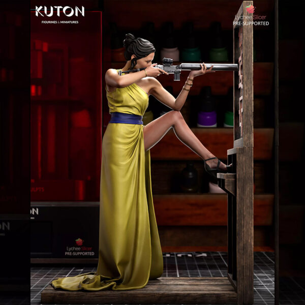 Ilsa Faust resin print by Kuton Sculpts in an elegant dress aiming a rifle, available as 1/10 scale figure or 1/9 scale bust