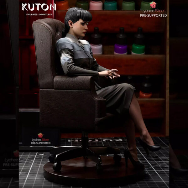 Rachael inspired by Blade Runner resin print by Kuton Sculpts seated in an office chair, available as 1/10 scale figure or 1/9 scale bust