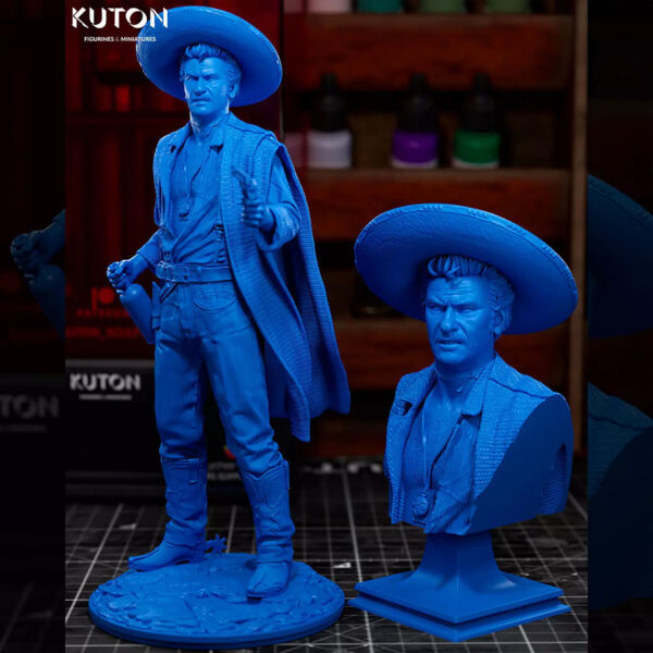 Tuco Ramirez “The Ugly” by Kuton Sculpts, resin print in 1/10 scale figure or 1/9 scale bust, western outlaw with sombrero, poncho, and revolver stance on a rocky base