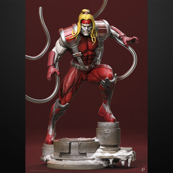 Omega Red unpainted resin figure with extended coils on an industrial-style base.