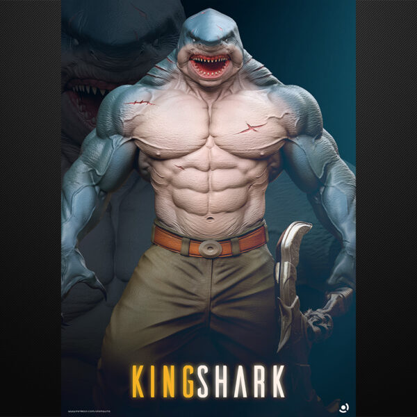 King Shark unpainted resin figure with muscular build, scars, and wide-open jaws.