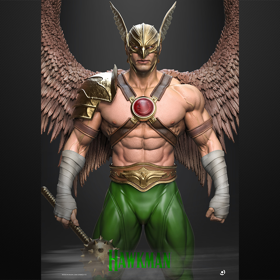 Hawkman resin figure with large feathered wings and mace standing on a sculpted base.