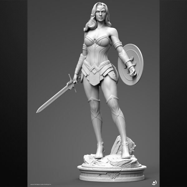 Wonder Woman resin figure with sword and shield on a rocky base, with optional cape.