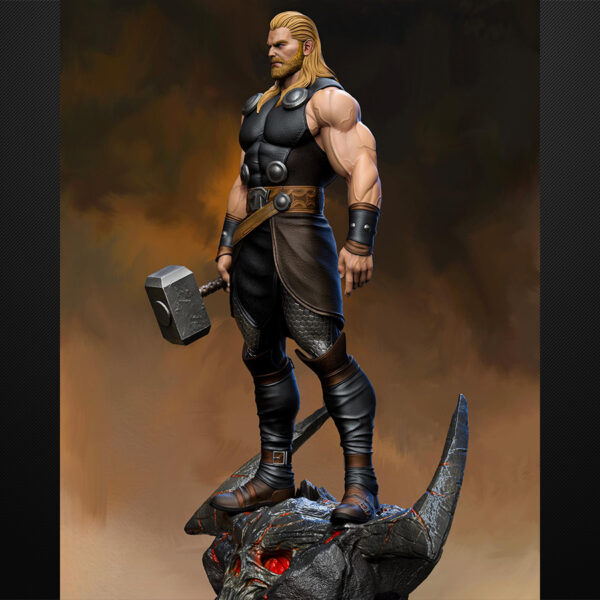 Thor 1/6 scale figure resin print by Stalyn Quito with hammer, cape, and helmet, standing on a dramatic display base