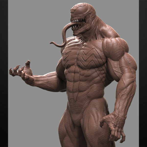 Venom 1/6 scale figure resin print by Stalyn Quito standing on an urban sewer display base with debris and slime details