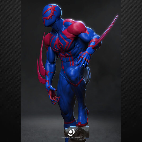 Spider-Man 2099 1/6 scale resin figure printed by HLI3DFX, sculpted by Stalyn Quito, posed on a futuristic tech-style display base