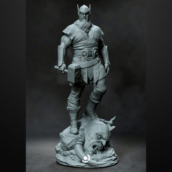 Odin 1/6 scale resin figure printed by HLI3DFX, sculpted by Stalyn Quito, standing on a rocky display base with a defeated giant head beneath his feet