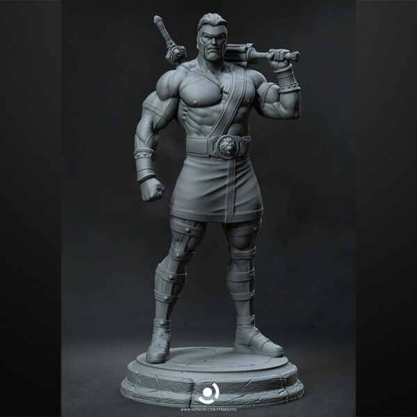 Hercules 1/6 scale resin figure printed by HLI3DFX, sculpted by Stalyn Quito, standing on a round stone display base with club weapon and heroic armor details