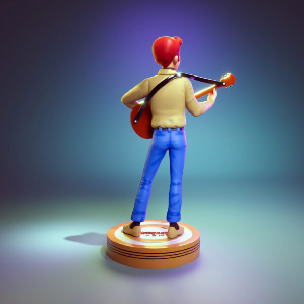 Archie resin figure printed by HLI3DFX, sculpted by UEL Winner, featuring a smiling cartoon guitarist standing on a round display base with Archie nameplate and music notes