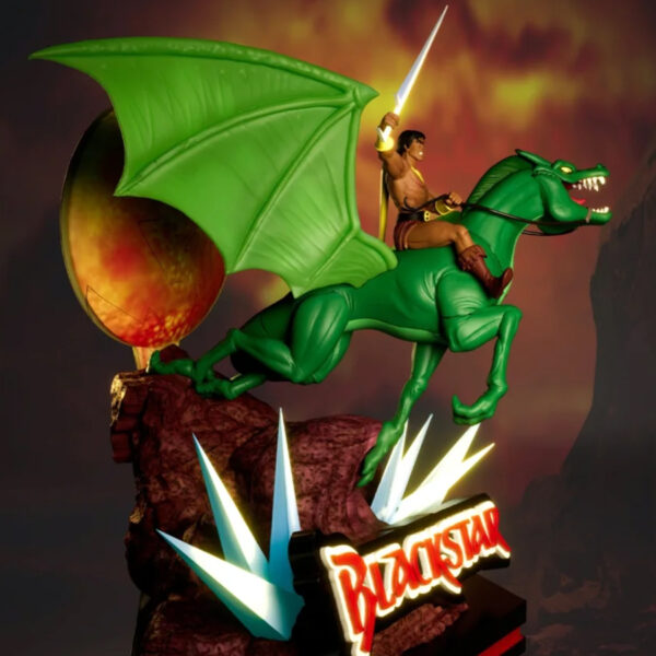 Blackstar diorama resin print by HLI3DFX from UEL Winner design, featuring rider on flying dragon over a rocky display base with logo sign, approx. 11.5 inches tall