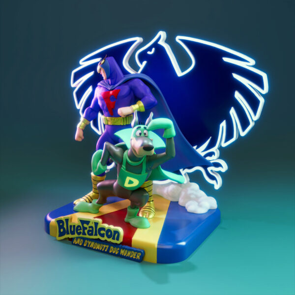 Blue Falcon and Dynomutt Dog Wonder resin print vignette with logo base and glowing backdrop, includes extra Dynomutt head and arms (UEL Winner)