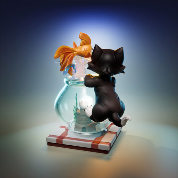 Figaro and Cleo resin print diorama by UEL Winner featuring a kitten on a fishbowl with a leaping goldfish