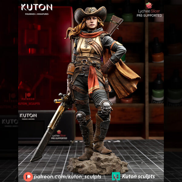 Crankshot 1/10 scale resin print by Kuton Sculpts, sci-fi gunslinger figure with hat and oversized blade.