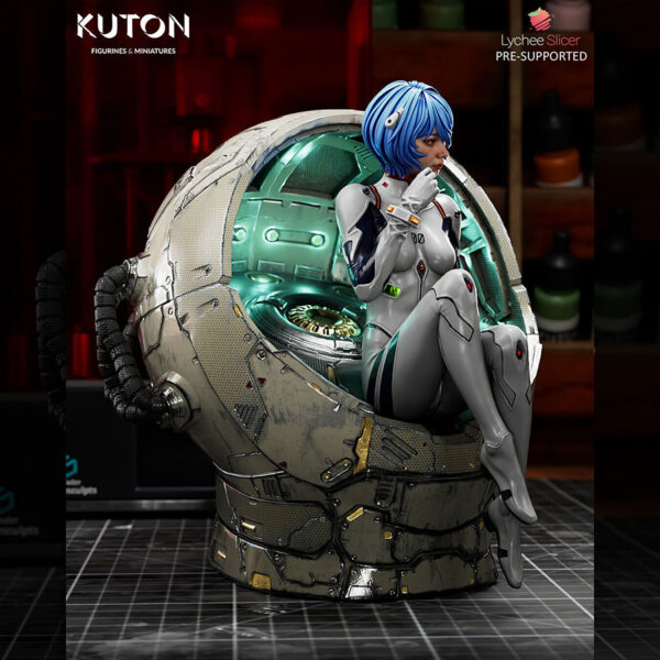 Rei Ayanami 1/10 scale resin print by Kuton Sculpts, seated figure with sci-fi pod base.