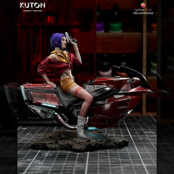 Faye Valentine 1/10 scale resin print by Kuton Sculpts, seated on sci-fi motorcycle base.