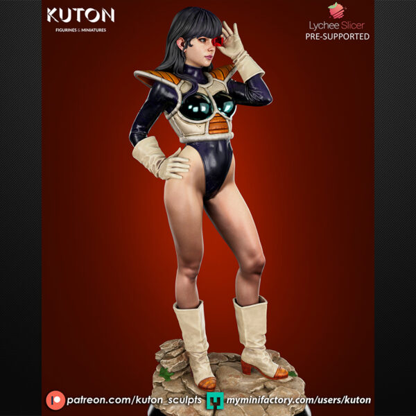 Radzella resin print by Kuton Sculpts with sci-fi armor suit and visor detail on a rocky display base