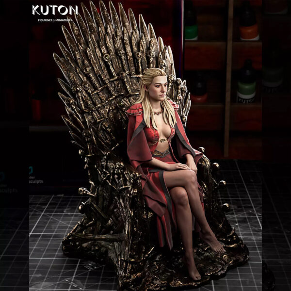 Rhaenyra resin print by Kuton Sculpts seated on an ornate throne, available as a 1/10 scale vignette or 1/9 scale bust