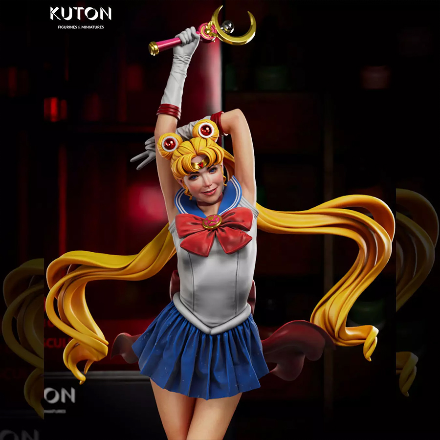 Sailor Moon resin print by Kuton Sculpts with flowing twin-tails and wand pose, available as 1/10 scale figure or 1/9 scale bust