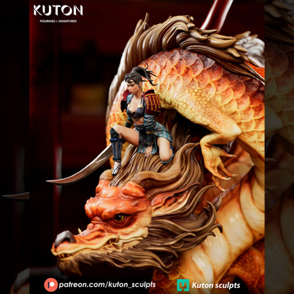 Ember Rider resin print by Kuton Sculpts, 1/9 scale fantasy dragon and rider statue on a rocky base