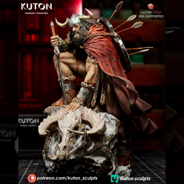 Draven by Kuton Sculpts, 1/10 scale resin print warrior crouched on a rocky base with sword, cloak, and ram skull trophy