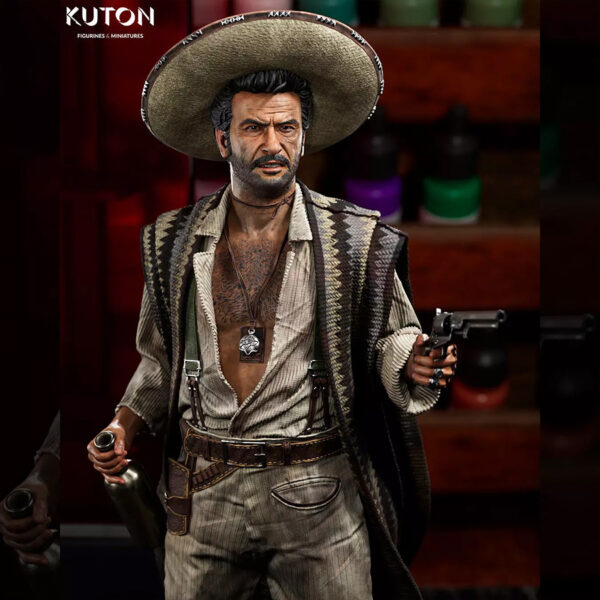 Tuco Ramirez “The Ugly” by Kuton Sculpts, resin print in 1/10 scale figure or 1/9 scale bust, western outlaw with sombrero, poncho, and revolver stance on a rocky base