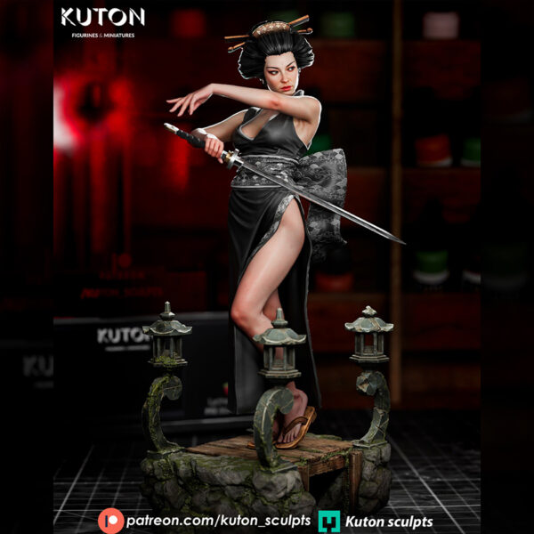 Hoshiko 3D printed resin figure by Kuton Sculpts posed with a katana on a decorative base