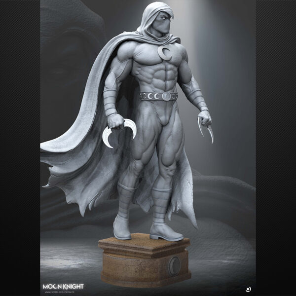 Moon Knight unpainted resin figure with flowing cape and crescent blades on a round pedestal base.