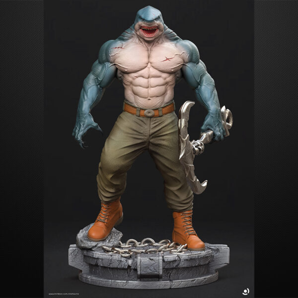King Shark unpainted resin figure with muscular build, scars, and wide-open jaws.