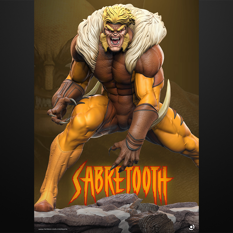 Sabretooth unpainted resin figure in a wide crouched stance on a snowy rock base.