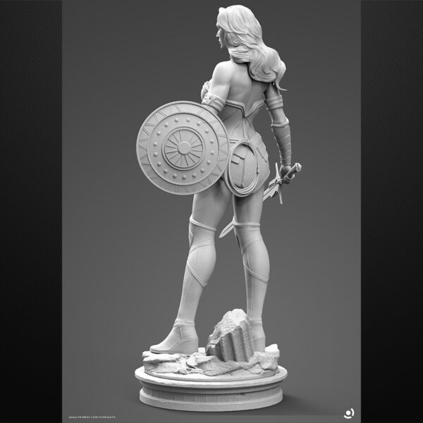 Wonder Woman resin figure with sword and shield on a rocky base, with optional cape.
