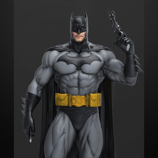 Batman 1/6 scale figure resin print by Stalyn Quito with cape and utility belt, standing on a display base