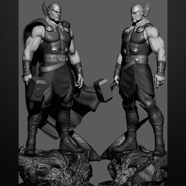 Thor 1/6 scale figure resin print by Stalyn Quito with hammer, cape, and helmet, standing on a dramatic display base