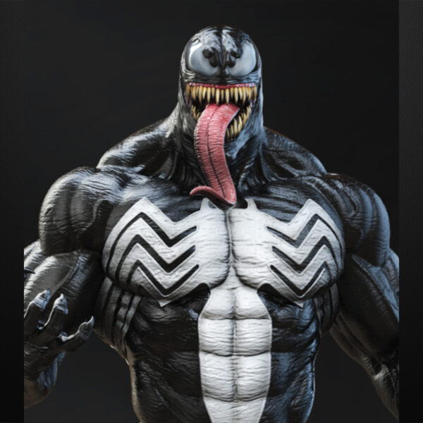 Venom 1/6 scale figure resin print by Stalyn Quito standing on an urban sewer display base with debris and slime details