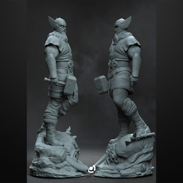 Odin 1/6 scale resin figure printed by HLI3DFX, sculpted by Stalyn Quito, standing on a rocky display base with a defeated giant head beneath his feet