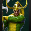 Loki 1/6 scale resin figure printed by HLI3DFX, sculpted by Stalyn Quito, wearing a horned helmet and holding a long staff in a classic villain stance on a round display base
