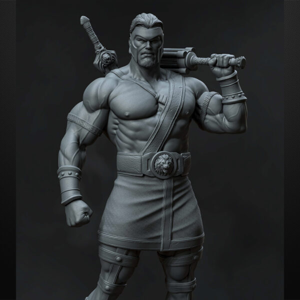 Hercules 1/6 scale resin figure printed by HLI3DFX, sculpted by Stalyn Quito, standing on a round stone display base with club weapon and heroic armor details