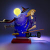 Bewitched resin figure printed by HLI3DFX, sculpted by UEL Winner, featuring a witch on a broom in front of a moonlit skyline backdrop with logo display base