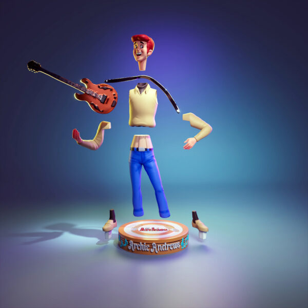 Archie resin figure printed by HLI3DFX, sculpted by UEL Winner, featuring a smiling cartoon guitarist standing on a round display base with Archie nameplate and music notes