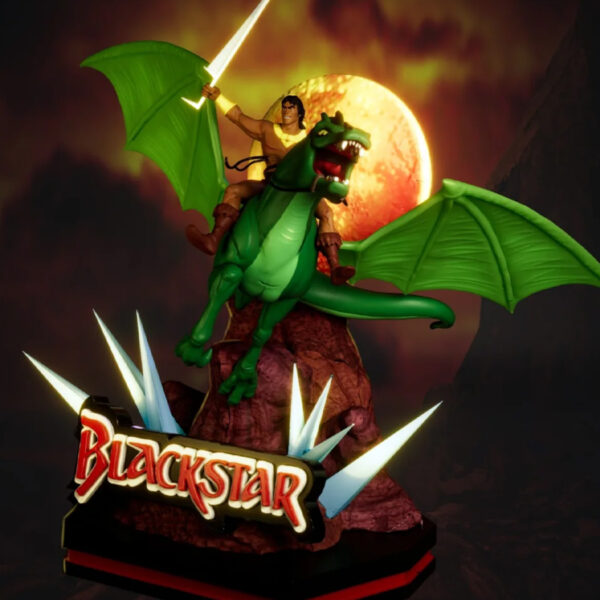 Blackstar diorama resin print by HLI3DFX from UEL Winner design, featuring rider on flying dragon over a rocky display base with logo sign, approx. 11.5 inches tall